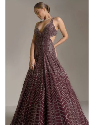 SEEMA GUJRAL – Dark Maroon Crystal Gown - Image 3