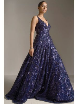 SEEMA GUJRAL – Navy Blue Sequin Gown - Image 2