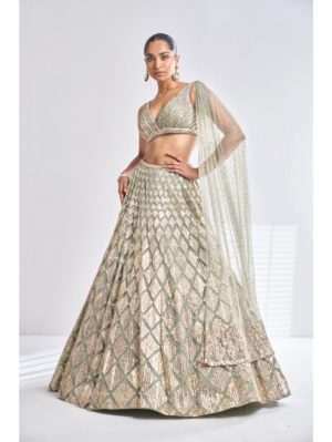 SEEMA GUJRAL – Sage Green Sequin Lehenga Set - Image 4