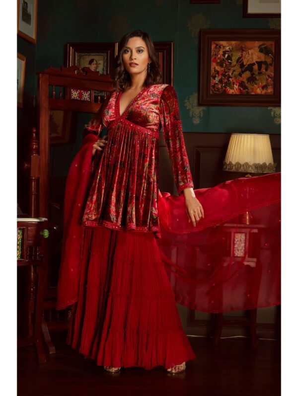 Priyanka Jain - Red Printed Velvet Sharara set