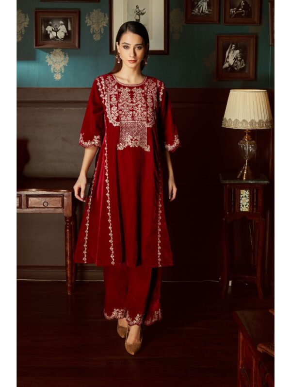 Priyanka Jain - Red embroidered Velvet  Suit Set