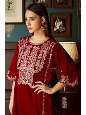 Priyanka Jain - Red embroidered Velvet  Suit Set - Image 2