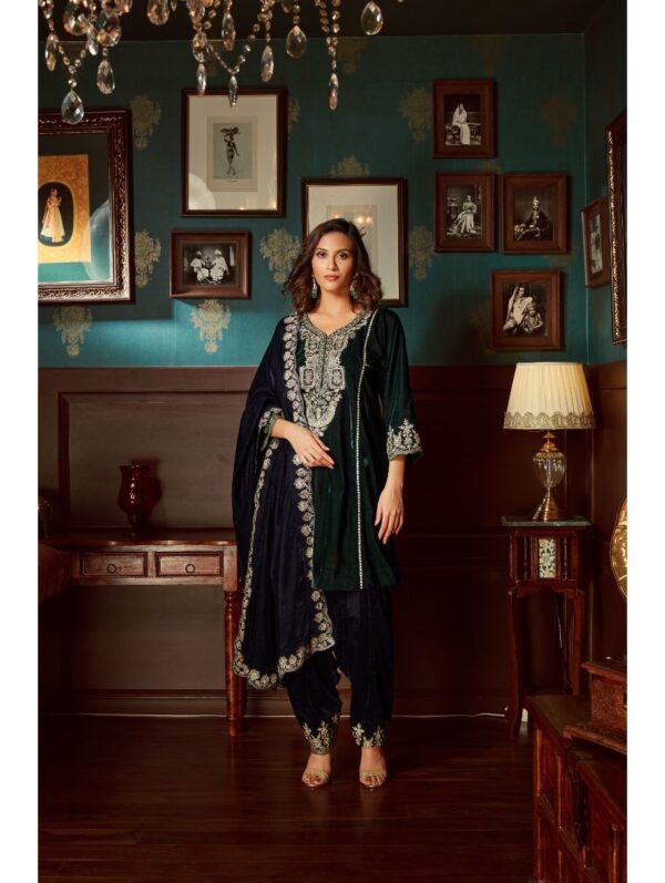 Priyanka Jain - Bottle Green embroidered Velvet  Suit Set