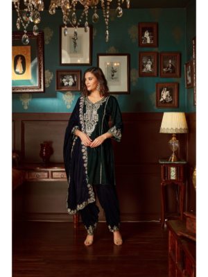 Priyanka Jain - Bottle Green embroidered Velvet  Suit Set - Image 2