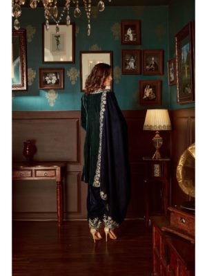 Priyanka Jain - Bottle Green embroidered Velvet  Suit Set - Image 3