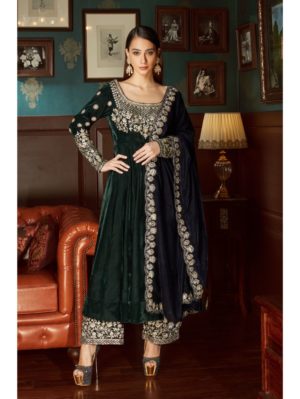 Priyanka Jain - Bottle Green Velvet Anarkali Set - Image 3