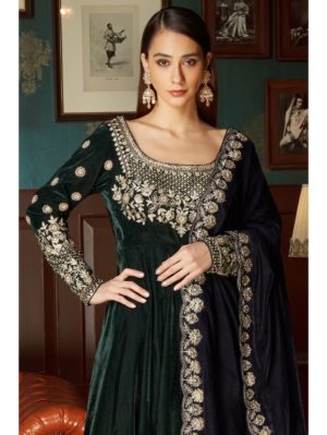 Priyanka Jain - Bottle Green Velvet Anarkali Set - Image 2