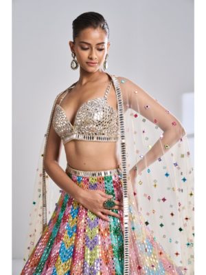SEEMA GUJRAL – Multi-Coloured Mirror Work Lehenga Set - Image 2