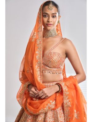 SEEMA GUJRAL – Orange Gota Patti Lehenga Set - Image 5