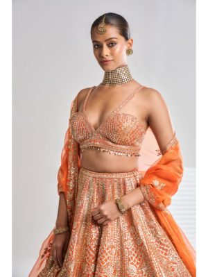 SEEMA GUJRAL – Orange Gota Patti Lehenga Set - Image 3