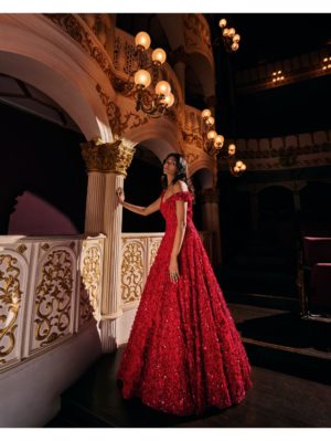 Seema Gujral - Red Three-Dimensional Off shoulder Gown - Image 4