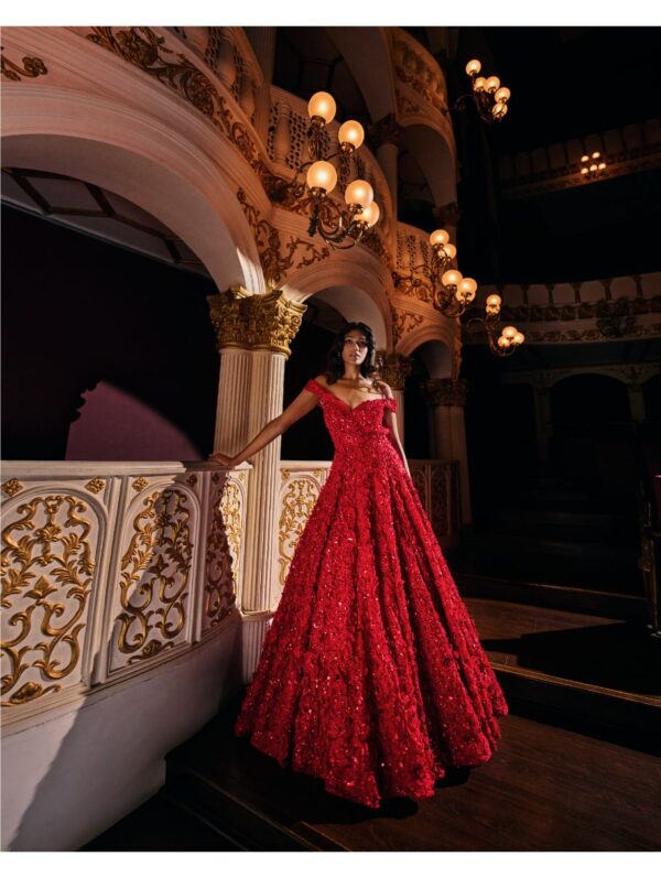 Seema Gujral - Red Three-Dimensional Off shoulder Gown