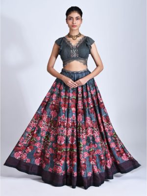 Basil Leaf- Grey rose printed lehenga - Image 2