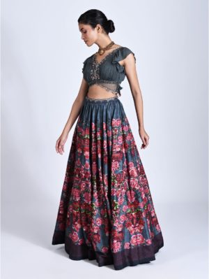 Basil Leaf- Grey rose printed lehenga - Image 3