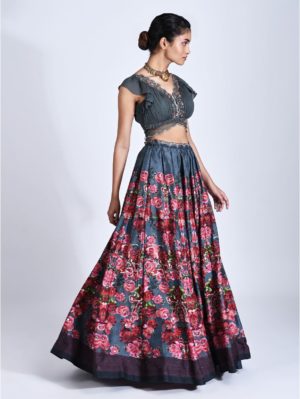 Basil Leaf- Grey rose printed lehenga - Image 4