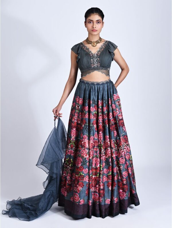 Basil Leaf- Grey rose printed lehenga