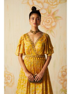 Basil Leaf- Yellow chiffon gown with ruffle sleeves - Image 3