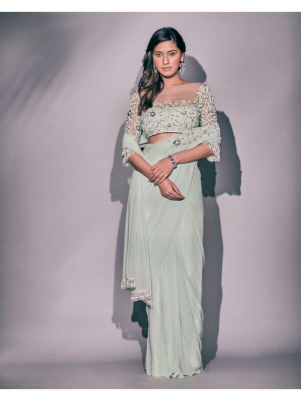 Pritika Vora - Mint hand embroidered saree
