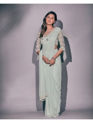 Pritika Vora - Mint hand embroidered saree - Image 2