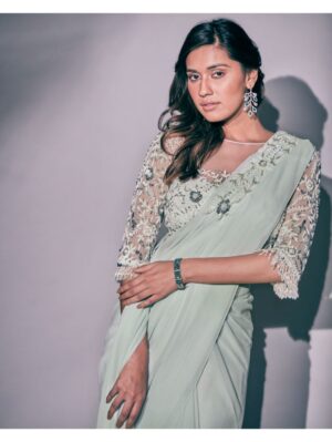 Pritika Vora - Mint hand embroidered saree - Image 3