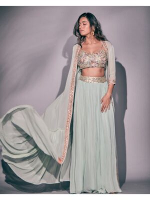 Pritika Vora -Mint lehenga set with duster coat - Image 2