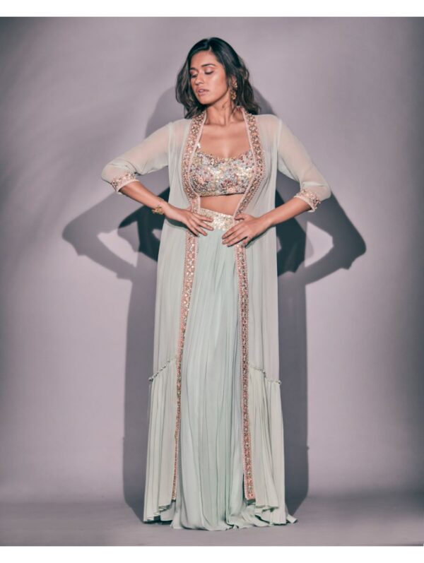 Pritika Vora -Mint lehenga set with duster coat