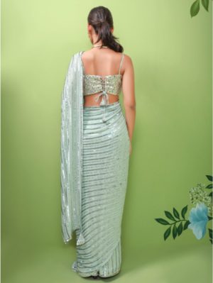 Prevasu - Mint green georgette saree with sequins striped - Image 3
