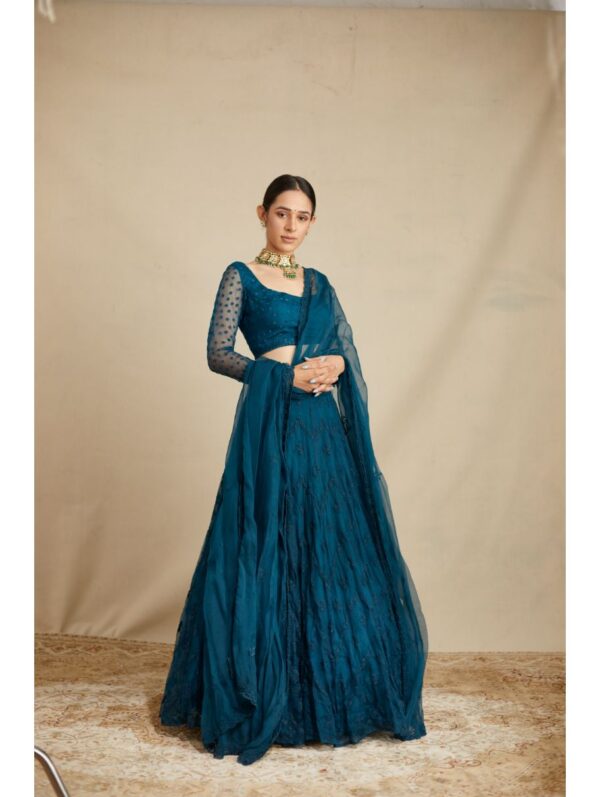 Astha Narang - TEAL BLUE THREADWORK ZIGZAG LEHENGA SET