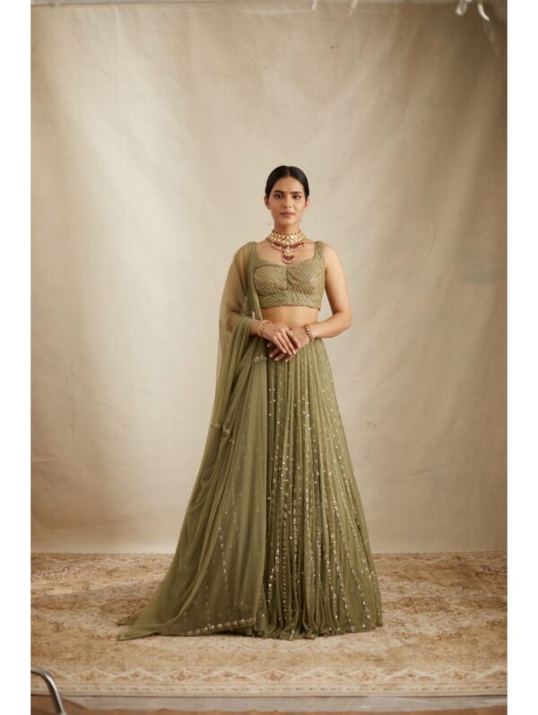 Astha Narang -OLIVE GREEN WITH ANITQUE WORK LEHENGA SET