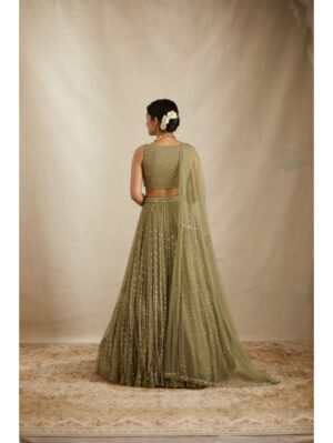 Astha Narang -OLIVE GREEN WITH ANITQUE WORK LEHENGA SET - Image 3