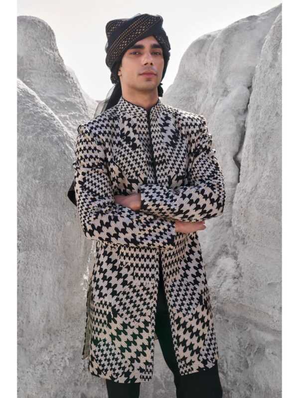 Seema Gujral - Black & White Hounds Tooth Sherwani Set