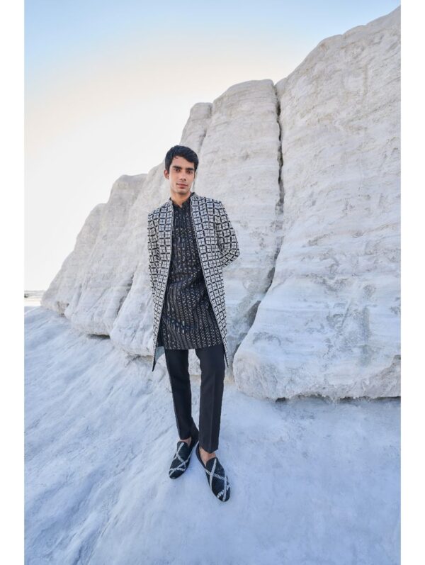Seema Gujral - Black & White Open Sherwani Set