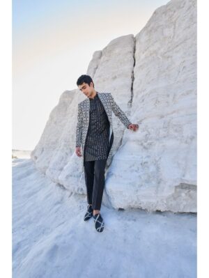 Seema Gujral - Black & White Open Sherwani Set - Image 2