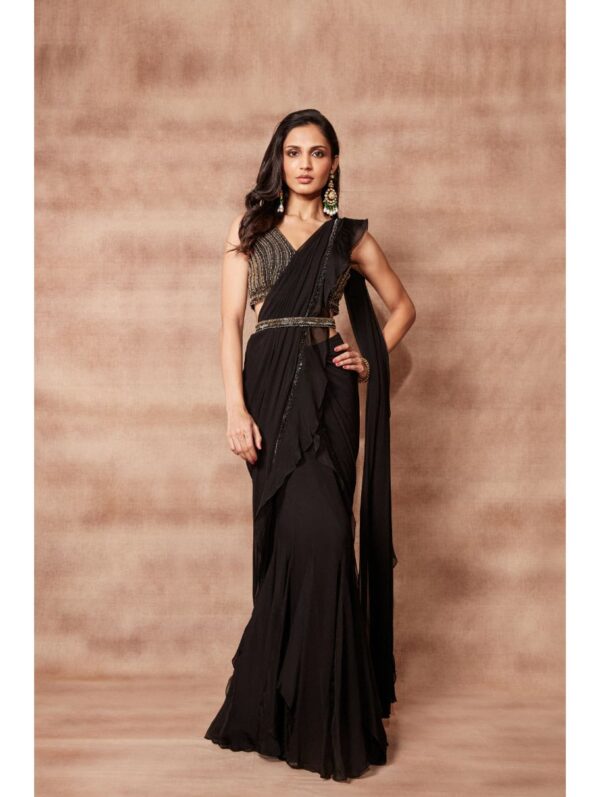 Pritika Vora - Black ruffle Panel Saree