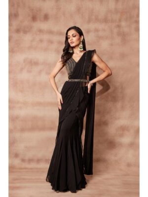 Pritika Vora - Black ruffle Panel Saree - Image 2
