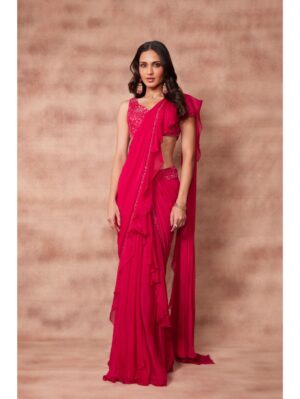 Pritika Vora - Rani pink ruffle saree - Image 2