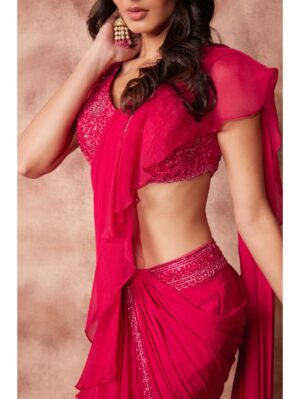 Pritika Vora - Rani pink ruffle saree - Image 3