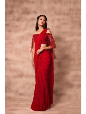 Pritika Vora - Flame red hand embroidered saree - Image 2