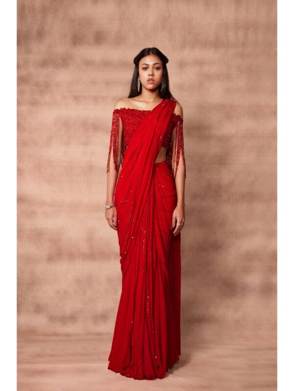 Pritika Vora - Flame red hand embroidered saree