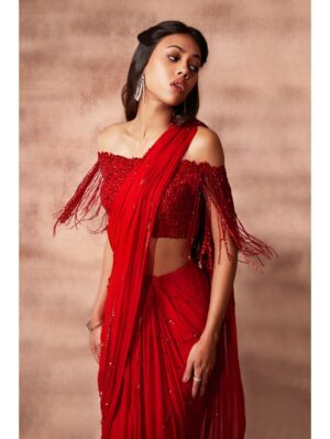 Pritika Vora - Flame red hand embroidered saree - Image 3