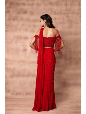 Pritika Vora - Flame red hand embroidered saree - Image 4