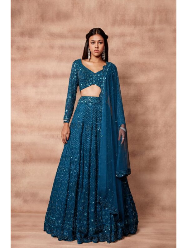 Pritika Vora - Peacock Green Hand Embroidered Lehenga