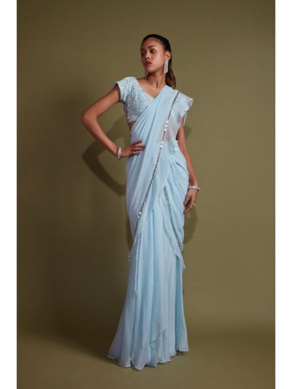 Pritika Vora - Sky Blue Mirror Work Saree Set