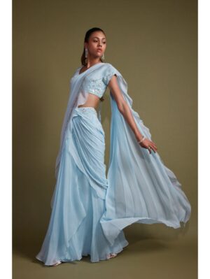 Pritika Vora - Sky Blue Mirror Work Saree Set - Image 2