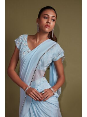 Pritika Vora - Sky Blue Mirror Work Saree Set - Image 3