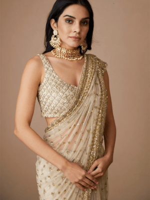 Astha Narang - OFF WHITE BOOTI SAREE SET - Image 3