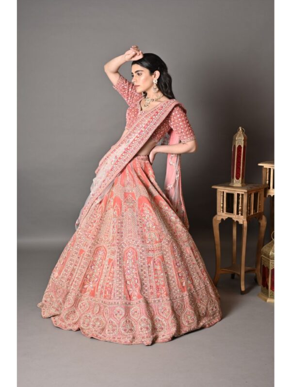 Kalighata - Coral velvet heavily embellished lehenga