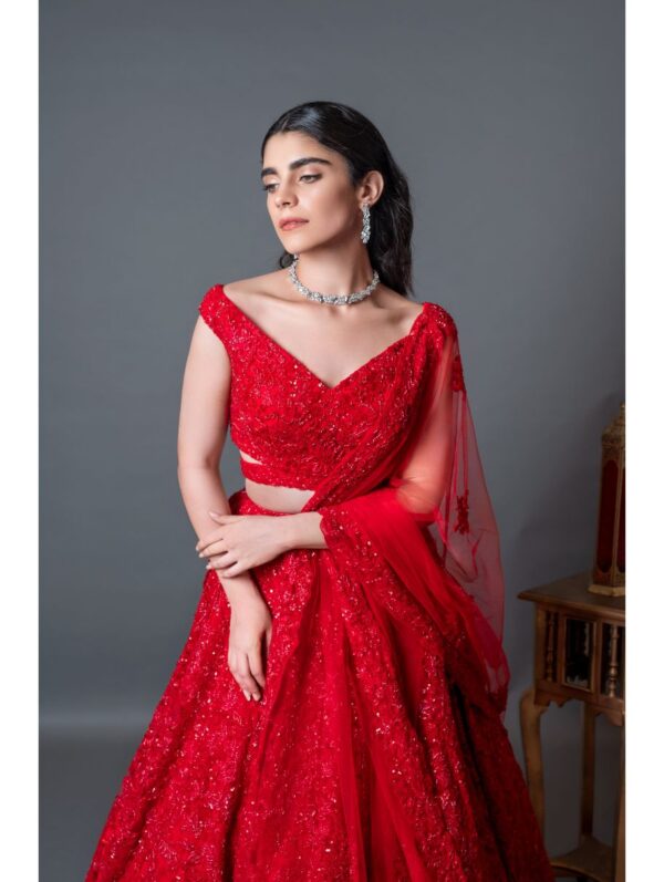 Kalighata - red heavily embroidered lehenga