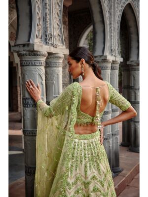 Nikita Gujral- IVORY LIME GOTA RESHAM CRYSTAL LEHENGA SET - Image 3