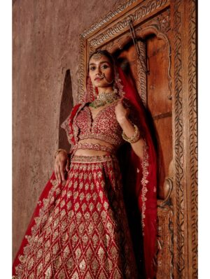 Nikita Gujral- RED RAW SILK LEHENGA SET LEATHER APPLIQUE - Image 2